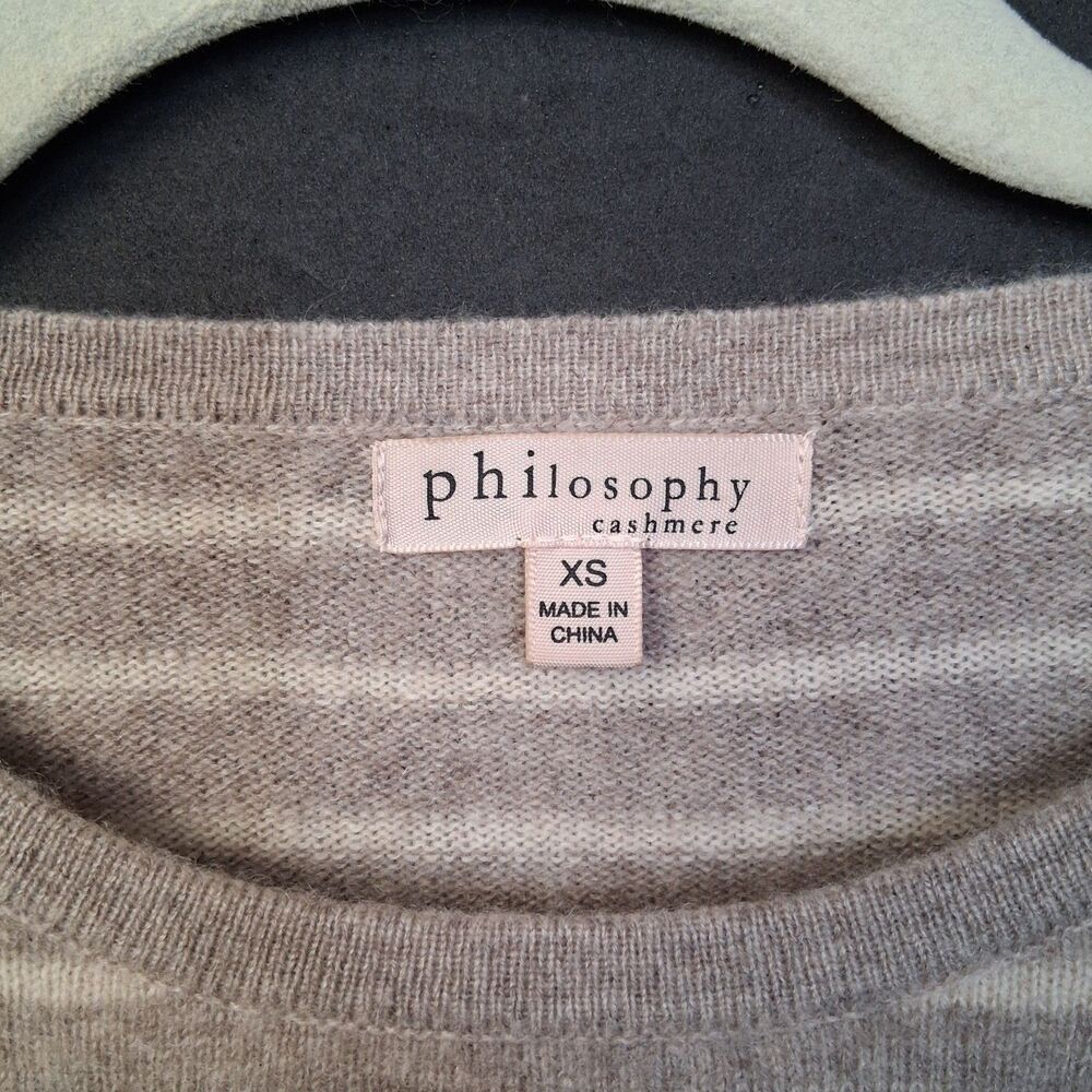 100% Cashmere Striped Philosophy Sweater Size XS Oatmeal Soft Luxury Knit - Picture 3 of 13
